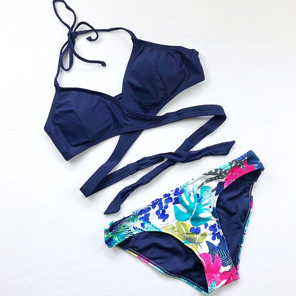 Tropical Palms Navy Halter Cross Wrap Bikini Set - Picture 8 of 8
